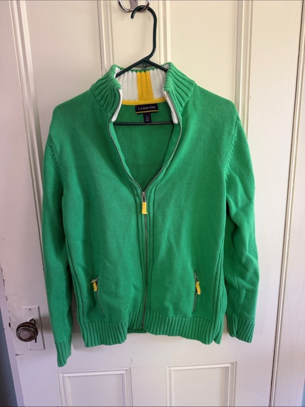 Lands' End Kelly Green Full-Zip Cardigan with Yellow Accents